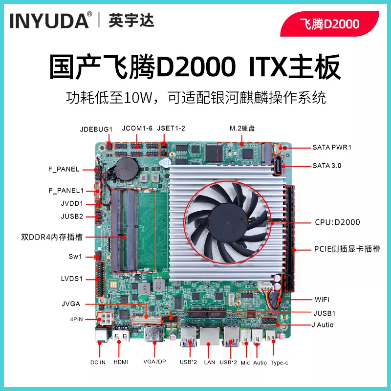 国产化飞腾D2000 /8核ITX集成主板170*170mm ITX主板，飞腾迷你电脑主机主板英宇达（蝶云）